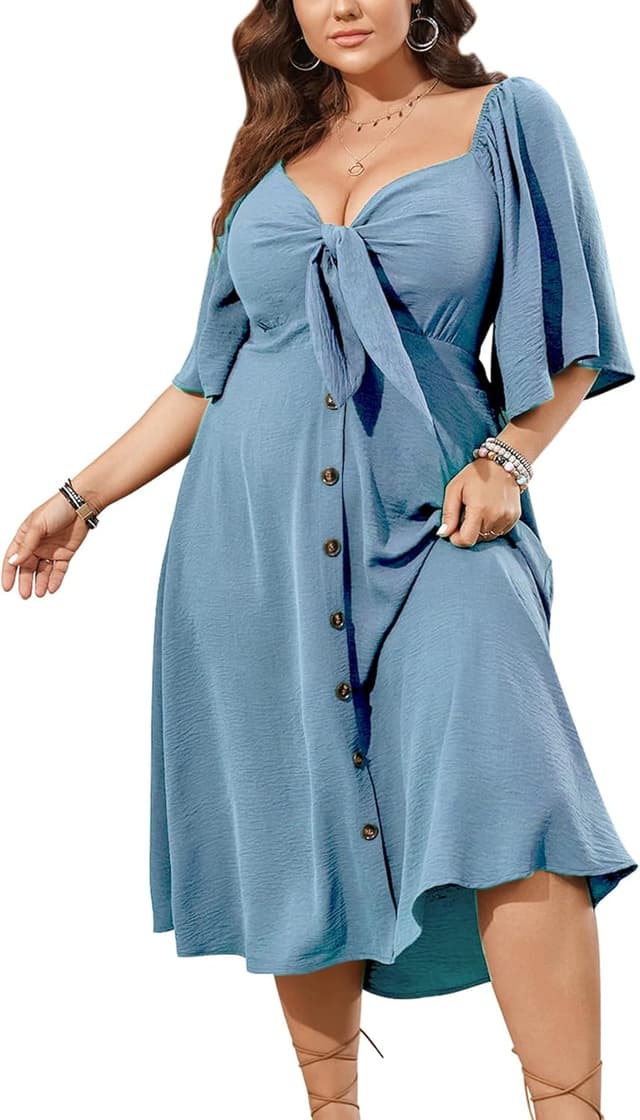 Detalle de SCOMCHIC Plus Size Summer Dress with Tie Front Deep V Neck & Smocked Back