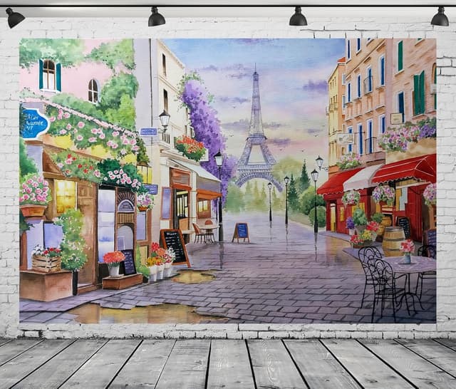 Detalle de BELECO Aquarellgemälde mit Eiffelturm, Paris-Blue – Polyesterstoff-Hintergrund 2,1 x 1,5 m