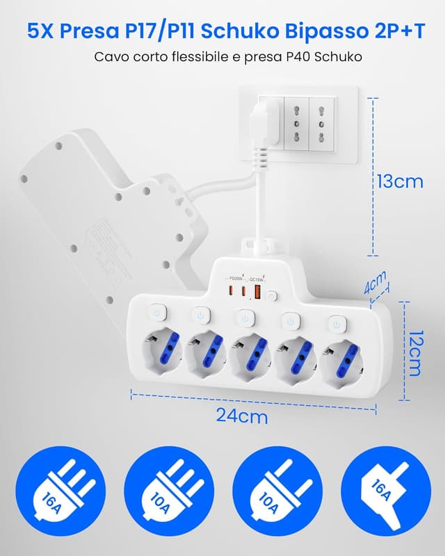 Detalle 1 de Multipresa elettrica ciabatta con USB C 5 posti