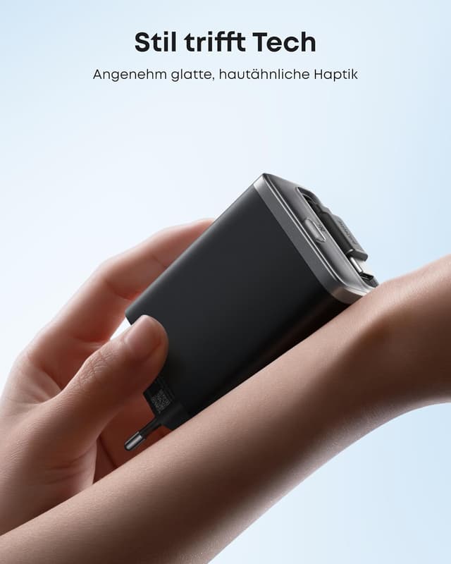 Detalle de Anker Nano USB-C Ladegerät 35W (2 Anschlüsse) mit ausziehbarem InstaCord-Kabel – kompaktes Netzteil für iPhone & iPad