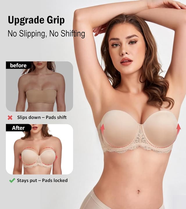 Detalle de Lemorosy Damen trägerloser BH mit Bügel Multiway – rutschfester Push-up für große Größen