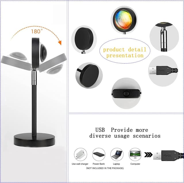 Detalle de Aniepaa Sunset Lamp: Sonnenuntergang-Lampe mit USB, 24 RGB-Farben und 180° Drehung