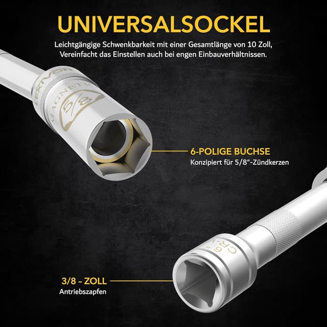 Detalle de LEXIVON Zündkerzenschlüssel LX-122 für 16 mm Zündkerzen, 25 cm, schwenkbar mit magnetischem Einsatz (Cr-V-Stahl)