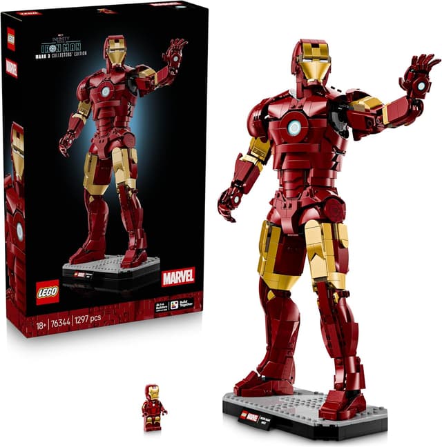 Detalle de LEGO Marvel Iron Man Mark 3 Sammleredition (76344) – Bauset für Erwachsene mit Minifigur, Ständer und Namensschild