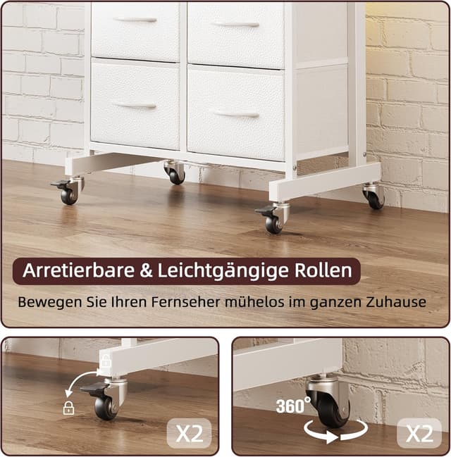 Detalle de OYRREU TV-Ständer mit LED, Rollen, integrierten Steckdosen & höhenverstellbarer Halterung (4 Schubladen, weiß)