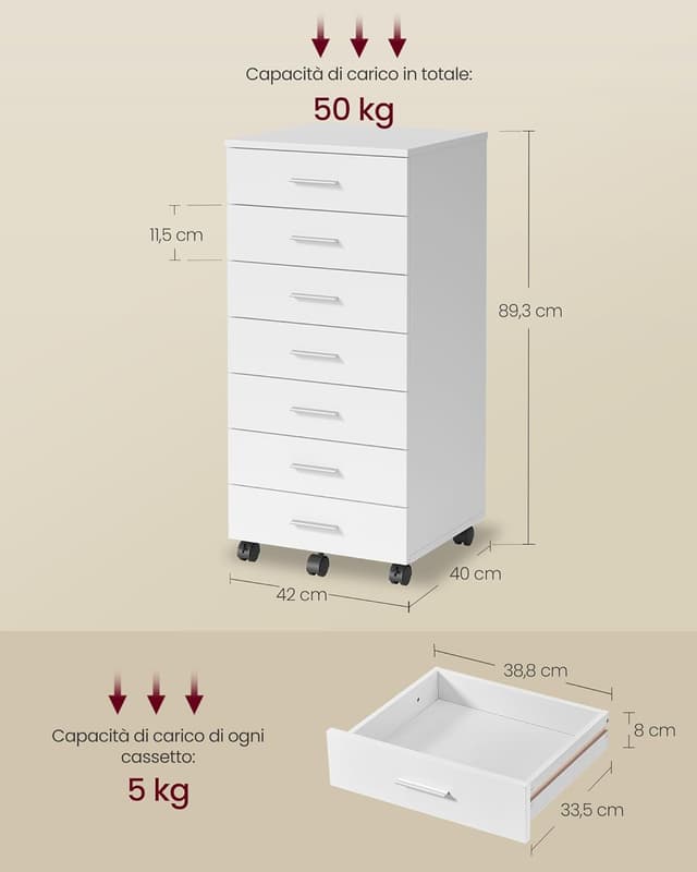 Detalle de VASAGLE Cassettiera da ufficio con 7 cassetti OFC085WB02, mobile su ruote per documenti e stampante