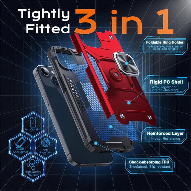 Detalle de Anqrp Armor Handyhülle für iPhone 13/14 mit Ring-Ständer – stoßfest, rot