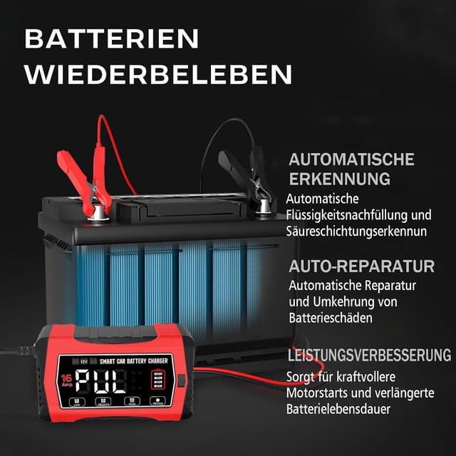 Thumbnail 6 de Haisito 16A Autobatterieladegerät für 6V/12V/24V mit LCD – Erhaltungsladung & Entsulfatierung für AGM, LiFePO4 und Blei-Säure