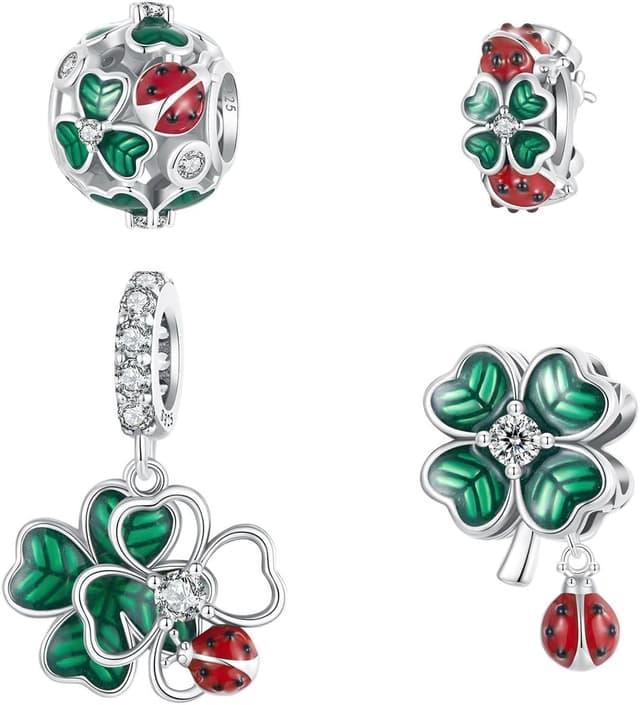 Detalle de Qings vierblättriges Kleeblatt Charm-Anhänger aus Sterlingsilber 925 mit Zirkonia & Marienkäfer (für Armband oder Halskette)