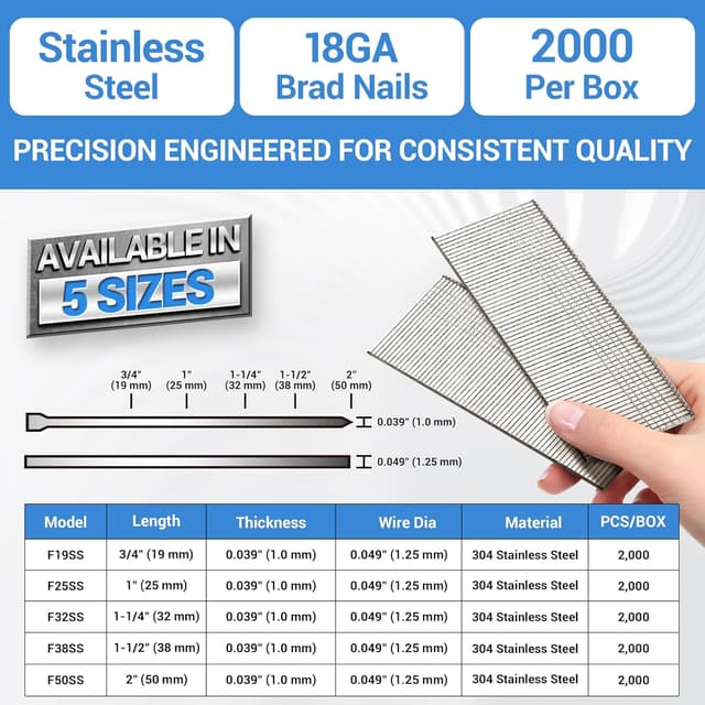 Detalle de meite 18 Gauge Stainless Steel Brad Nails (18G/32 mm) – 304 Stainless 2,000-Pack