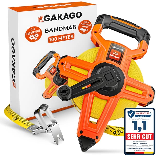 Detalle de Gakago Bandmaß 100 m mit 3-fach Übersetzung und klappbarem Hebel – rutschfester Haltegriff