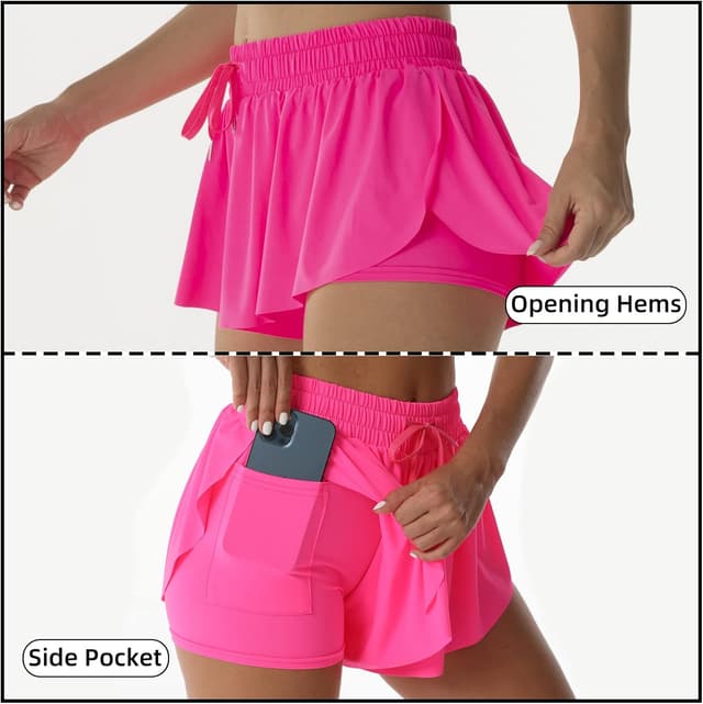 Detalle de Flowy Athletic Shorts for Women (2-in-1 Double Layer) — Running, Tennis, Butterfly Style