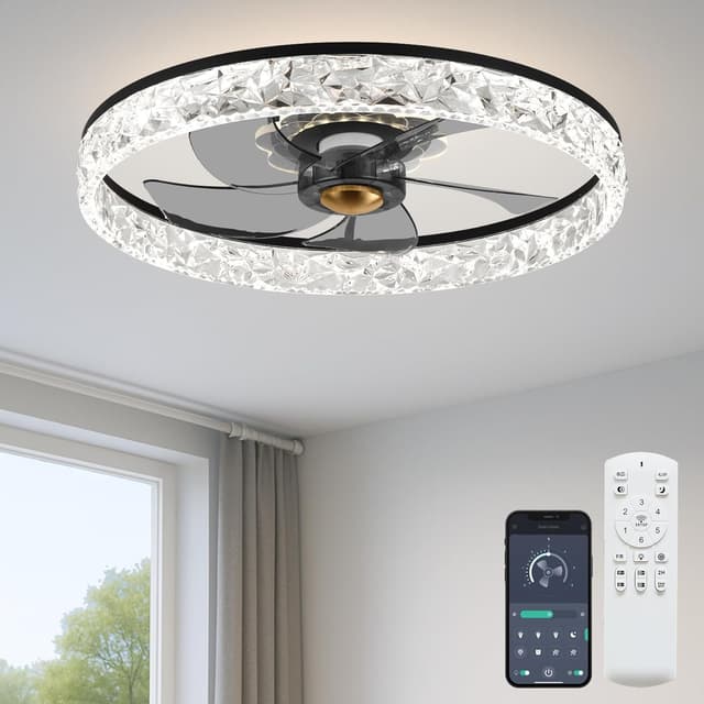 Detalle de FSZDORJ 20" Flush Mount Ceiling Fan with Light (Black) — App + Remote, Dimmable LED, Quiet DC Motor