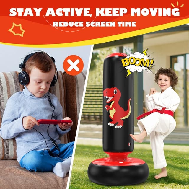 Detalle de QPAU Inflatable Kids Punching Bag (66 Inch) with Dinosaur Boxing Gloves, for Ages 3–8