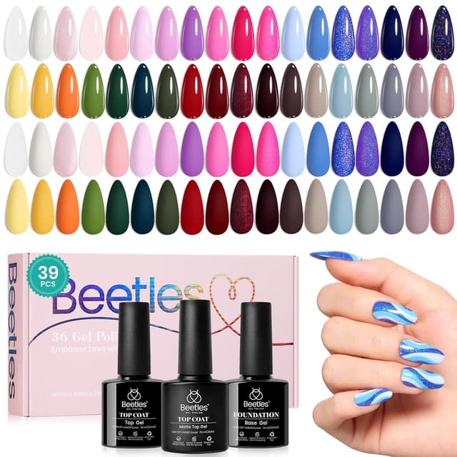 Detalle de Beetles UV-Nagellack-Set (39-teilig) mit 36 Farben + Basis & Top Coat matt/glänzend