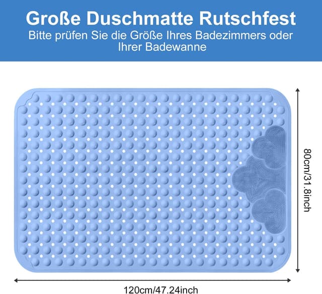 Detalle de Lurowo rutschfeste Duschmatte aus TPE, extra groß (120 x 80 cm) mit Saugnäpfen und Massagefeld