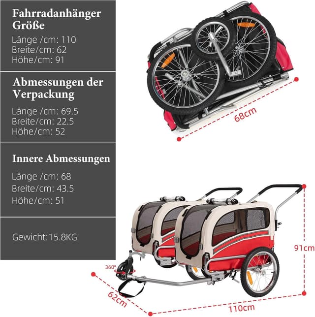 Detalle 2 de Fiximaster 2-in-1 Hundeanhänger für Fahrrad & Jogger – faltbarer Transportwagen bis 30 kg mit Bremsen