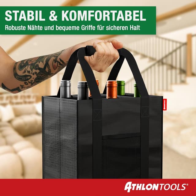 Detalle de ATHLON TOOLS Flaschenträger für 9 Flaschen – faltbare, wasserabweisende Einkaufstasche mit Trennwänden (schwarz)