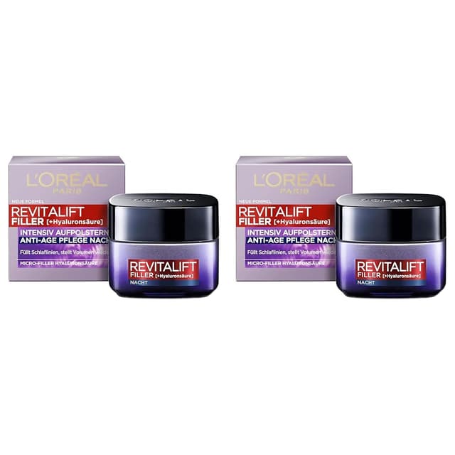 Detalle de L’Oréal Paris Revitalift Filler Hyaluron Nachtcreme mit Micro-Filler & Hyaluronsäure – Anti-Aging Gesichts- & Schlaflinienpflege (2er Pack, je 50 ml)