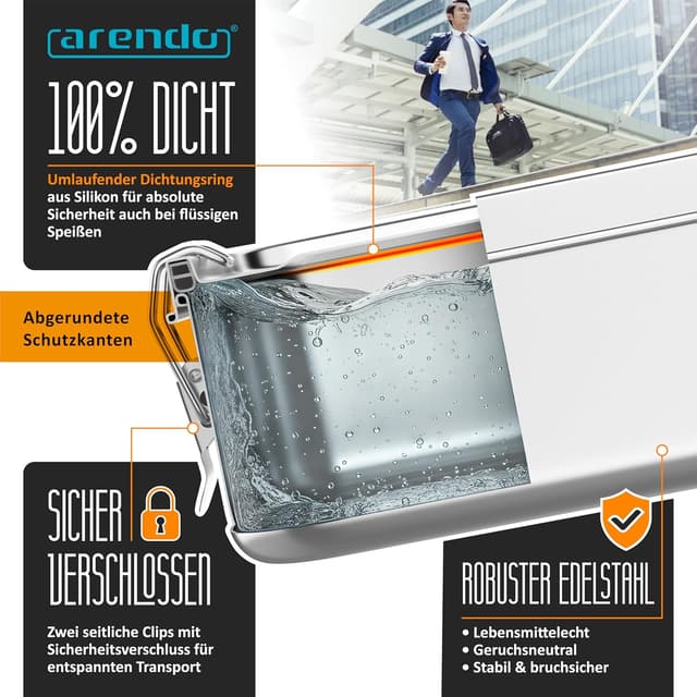 Detalle 2 de Arendo Lunchbox aus Edelstahl 1.400 ml mit Fächern und Silikondichtung – auslaufsicher