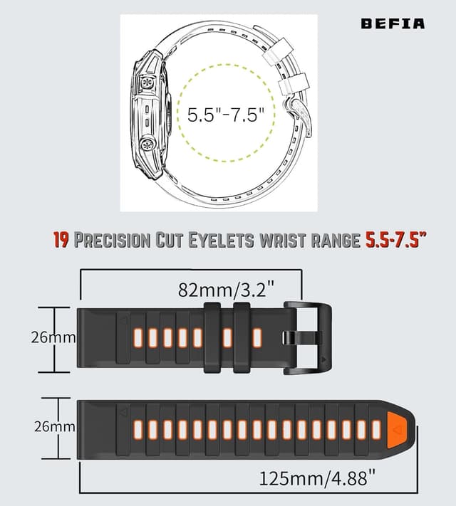 Detalle de BEFIA 26mm Silicone QuickFit Watch Band for Garmin Fenix 8 51mm, Enduro, Tactix and More (Two-Tone Colors)