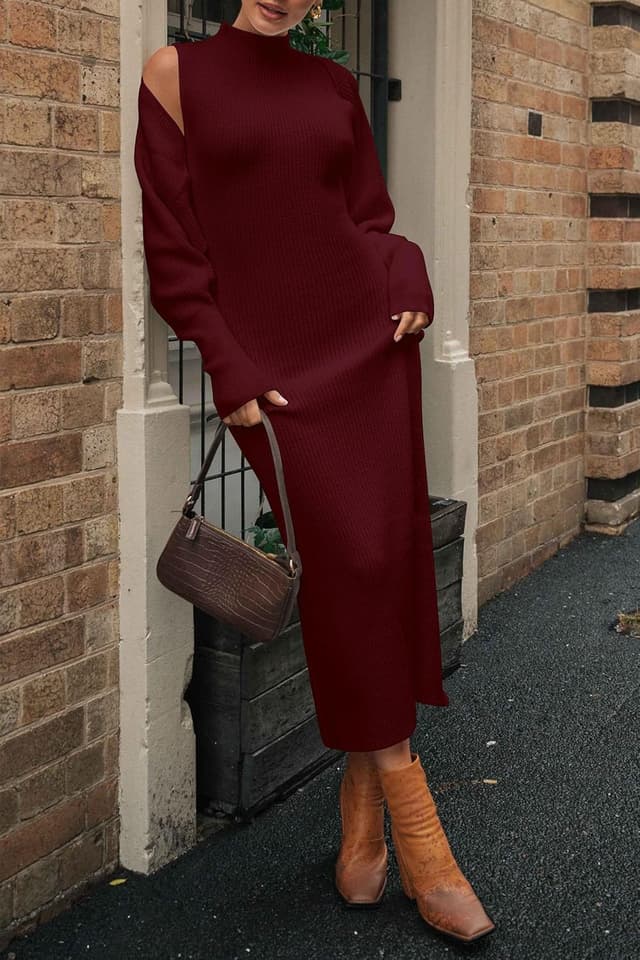 Detalle de PRETTYGARDEN Women’s Fall 2-Piece Knit Dress Set with Cropped Cardigan (Mock Neck Maxi)