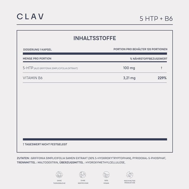 Detalle 2 de CLAV® 5-HTP Kapseln hochdosiert mit Vitamin B6 – 120 Kapseln à 100 mg