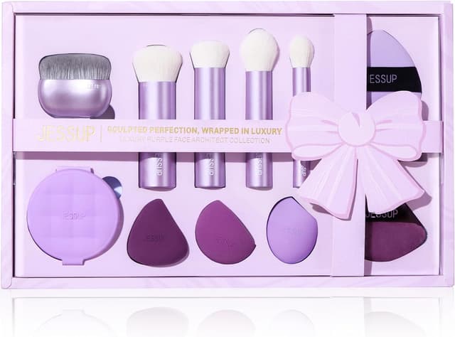 Detalle de Coffret Jessup de pinceaux de maquillage violet 11 pièces (kabuki, éponges, houppettes, tapis de nettoyage) T885