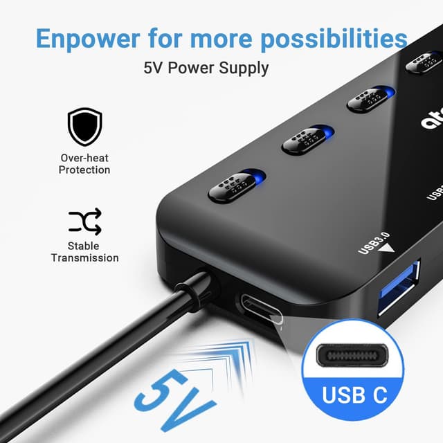 Detalle 2 de atolla 7 ports USB 3.0 Hub Splitter ultra fin avec interrupteurs individuels et extension 100 cm