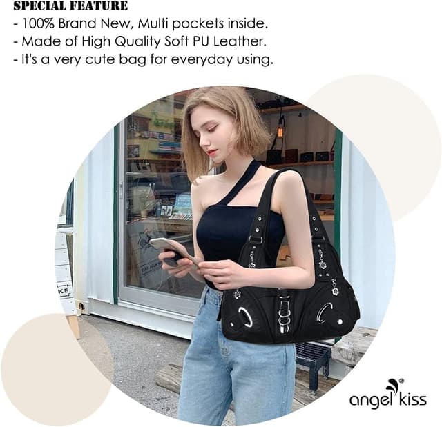 Detalle de Angelkiss Large Hobo Satchel Handbag for Women (Washed PU Leather)