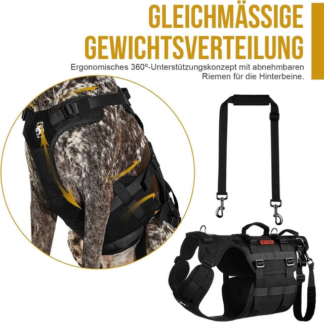 Detalle 2 de OneTigris Hundegeschirr „Invictus“ als Tragehilfe mit 3 Griffen (Hundegeschirr mit verstellbaren Riemen, Schwarz, L)