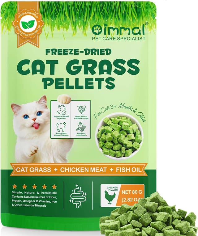 Detalle de Katzengras Snacks für innen mit Huhn & Fischöl (80 g, gefriergetrocknet) – für Verdauung, Haarballen & frischen Atem