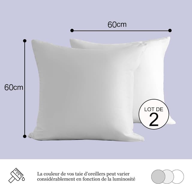 Detalle de Lot de 2 taies d’oreiller AYSW 18 couleurs en microfibre 60x60 cm (blanc) – fermeture éclair