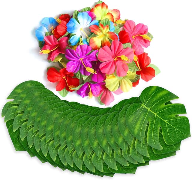 Detalle de UMIKU 60-Piece Tropical Party Decorations Set with Palm Leaves & Hibiscus Flowers