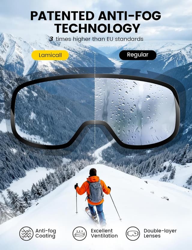 Detalle de Lamicall Ski Goggles with HD anti-fog double-lens, UV400 protection and wide OTG fit (Cat 3)
