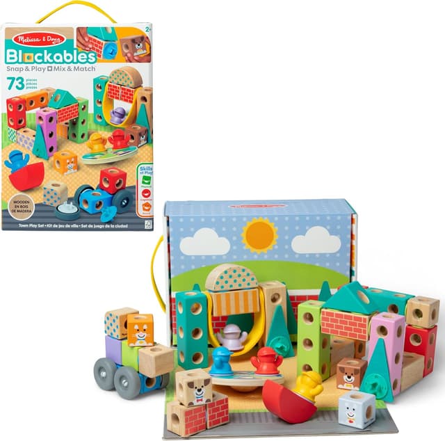 Detalle de Melissa & Doug Blockables Stadt Bauset (73-teilig) mit Holzbausteinen und Steckverbindungen