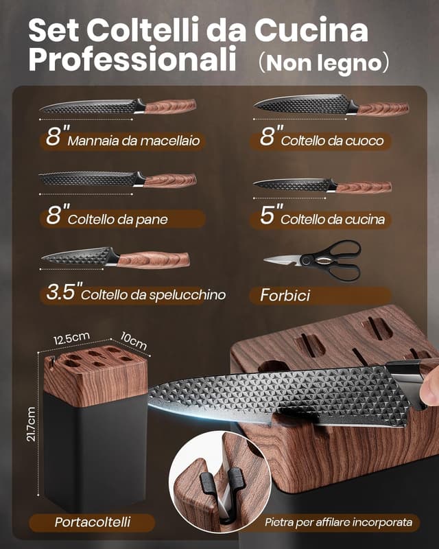 Detalle de Denkich set coltelli da cucina da 7 pezzi con blocco e affilatore integrato