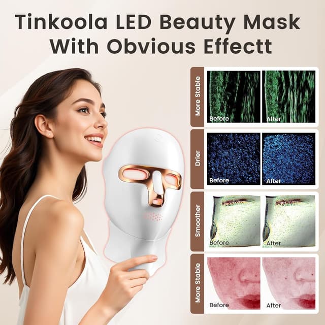 Detalle de tinkoola Red Light Therapy Mask for Face & Neck (LED, 630nm) – USB-C Rechargeable, Cordless Design