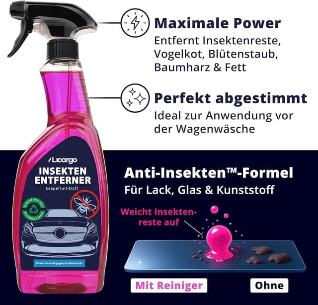 Detalle de LICARGO Insektenentferner Auto 750 ml – Insekten-, Vogelkot- und Flugrostentferner für Glas, Lack, Chrom & Kunststoff
