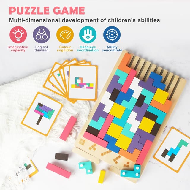 Detalle de BUCOMTU Rompecabezas 3D madera Tetris 10 tarjetas