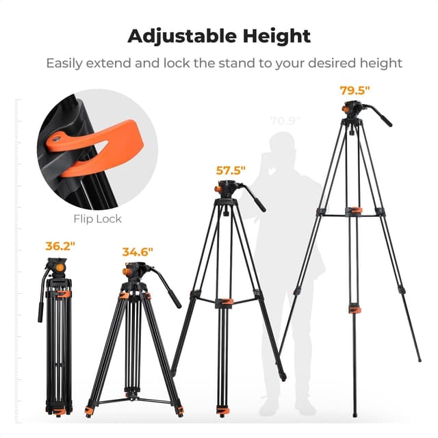 Detalle 2 de K&F CONCEPT 80" / 202cm Video Tripod with Fluid Head (QR Plate) – Heavy-Duty Aluminium, up to 8kg