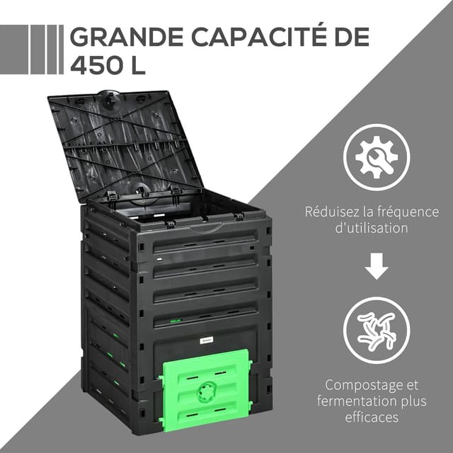 Detalle de Outsunny Composteur de jardin 450 L en polypropylène noir – 80 aérations et 2 portes coulissantes