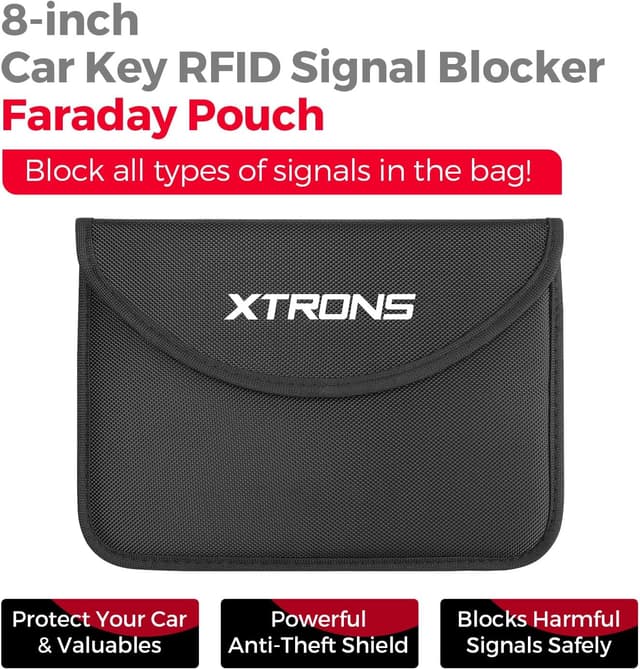 Detalle 2 de XTRONS Large Faraday Pouch (Car Keys/Phones) – RFID signal blocking key bag with hook, waterproof carbon fibre, black