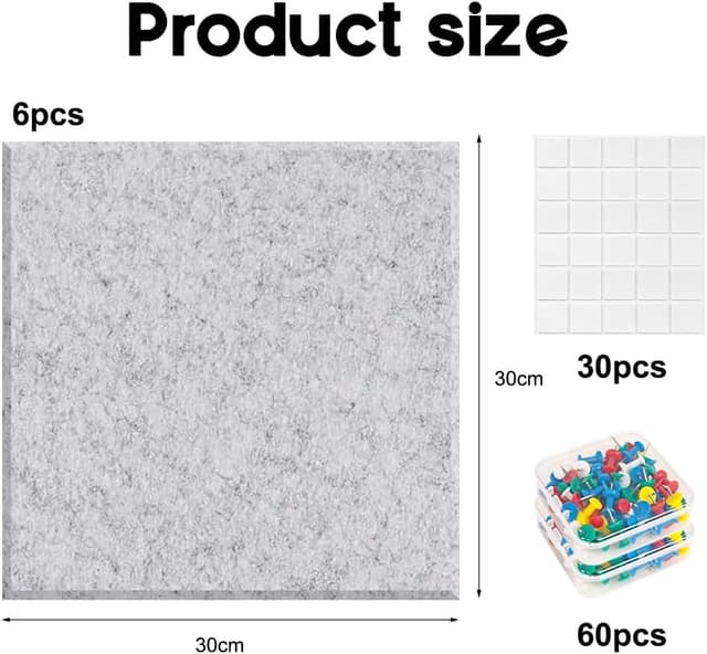 Detalle de DASIAUTOEM Filz Pinnwand-Set (6 Stück) 30 x 30 cm – Kork-/Kleidboard-Optik für Büro, Schule & Zuhause (Silbergrau)