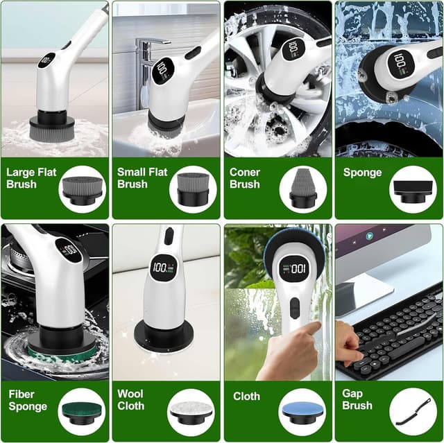 Detalle de Vicmayun Elektrische Reinigungsbürste mit 7 Wechselbürsten, IPX7 & verstellbarem Griff (30–120 cm)
