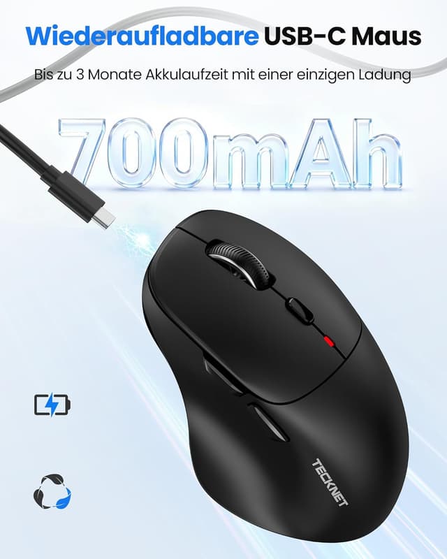 Detalle 2 de TECKNET Bluetooth Maus wiederaufladbar (Tri-Modi: BT 5.0/3.0 + 2.4G) mit ergonomischer Daumenauflage und 4.800 DPI