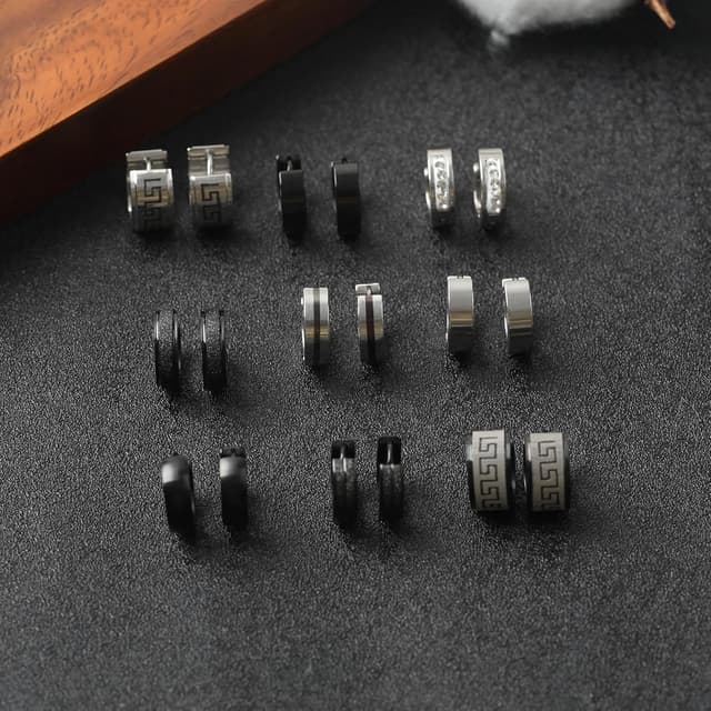 Thumbnail 6 de VELESAY 9 Paar Herren Creolen aus Edelstahl (Schwarz/Silber) – Set für Ohrstecker, Knorpel & Helix