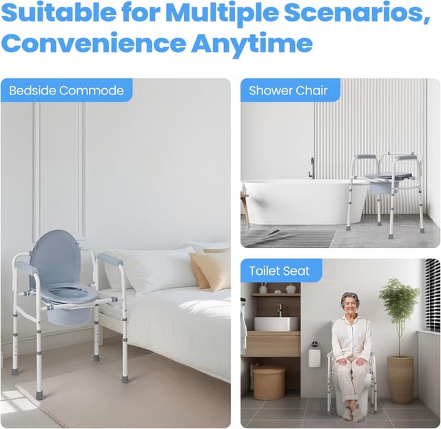 Detalle de Careboda Toilettenstuhl für Senioren mit Armlehnen – stählerner Rahmen, 5 Höhen, bis 136 kg, 7,1-l-Auffangbehälter