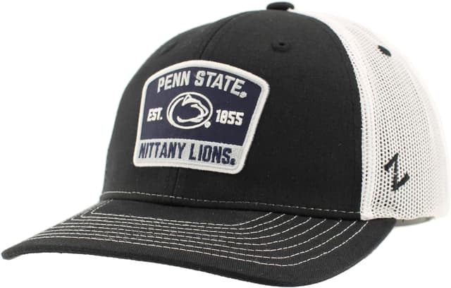 Detalle de ZHATS Standard NCAA Officially Licensed Trucker Hat (Penn State) — Dakota Switchback Patch, Black/White, One Size