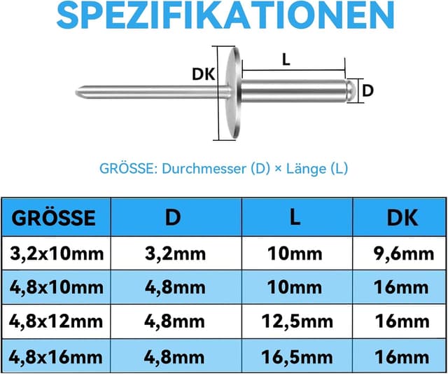 Thumbnail 1 de Dayalo Blindnieten 4,8 x 12 mm Großflansch